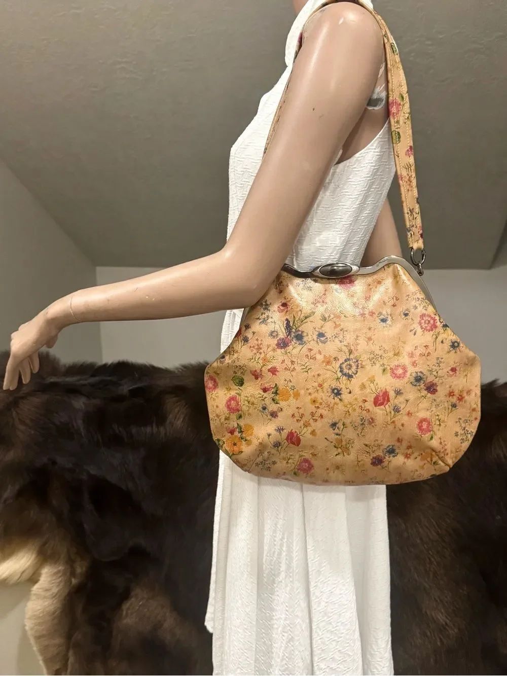 Original Design! Floral Print Italian Leather Handmade Custom Frame Slouchy Bag